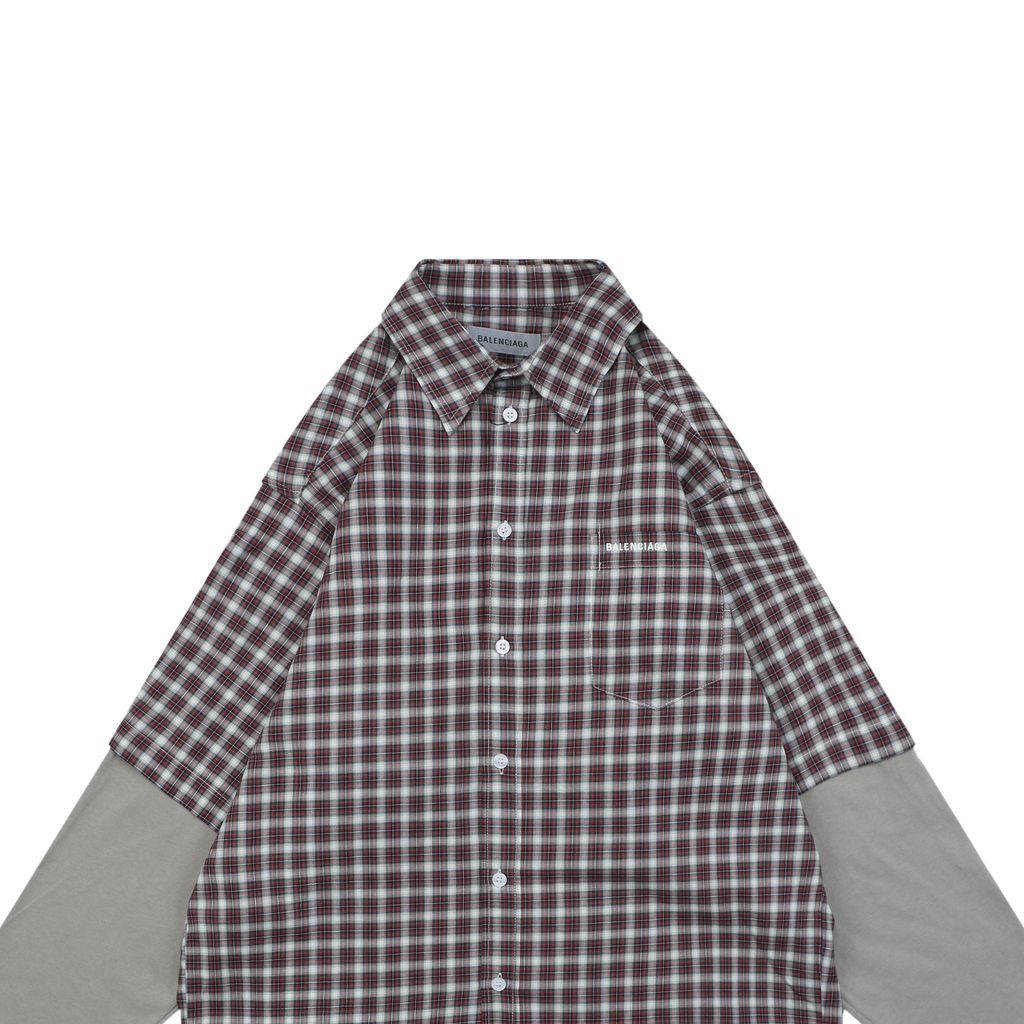 Faux two-piece check long sleeve overshirt