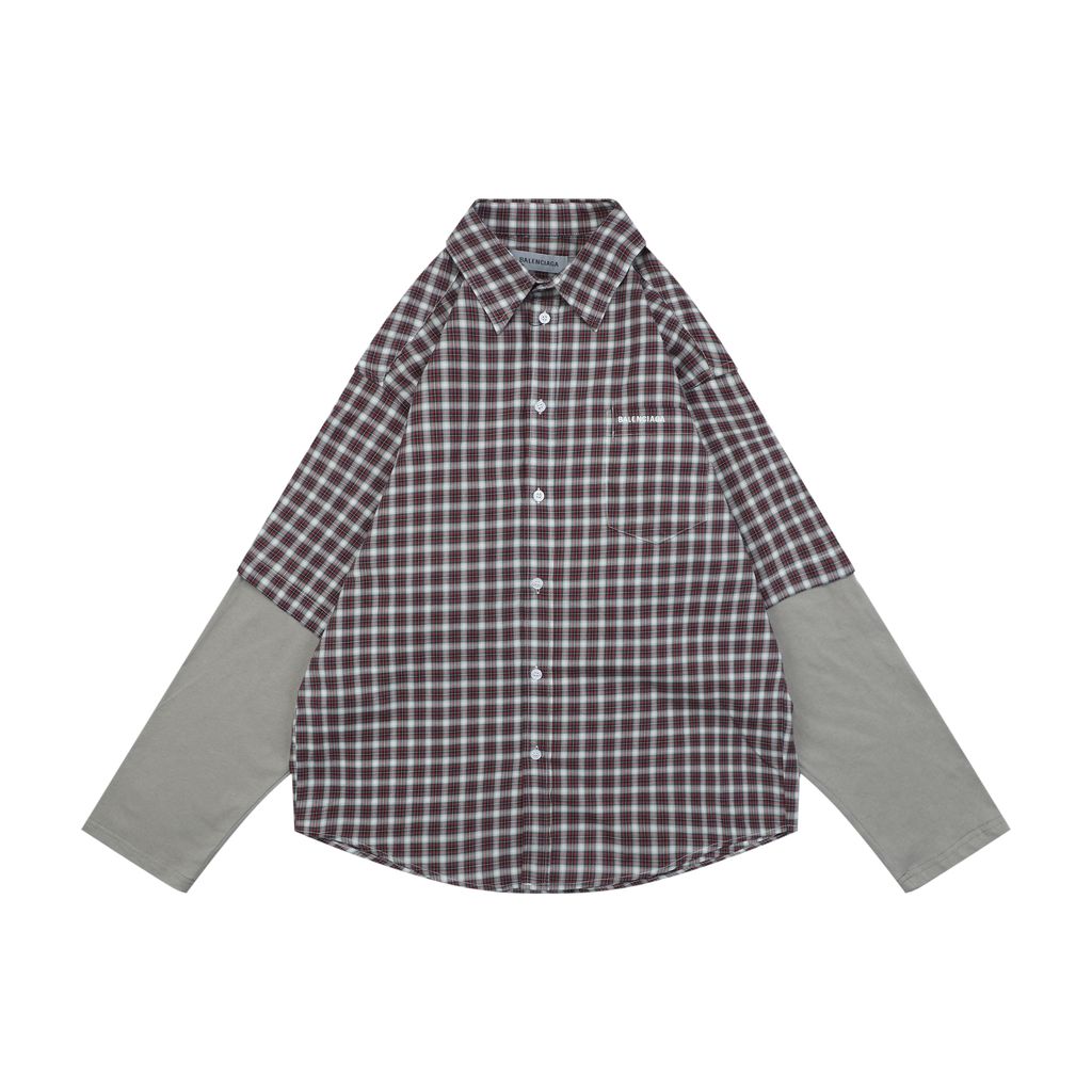 Balenciaga red grey layered plaid shirt