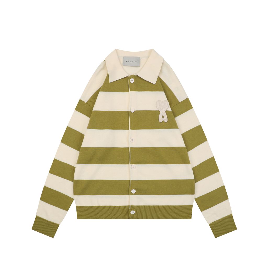 AMI green beige striped knit cardigan