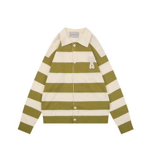 AMI green beige striped knit cardigan