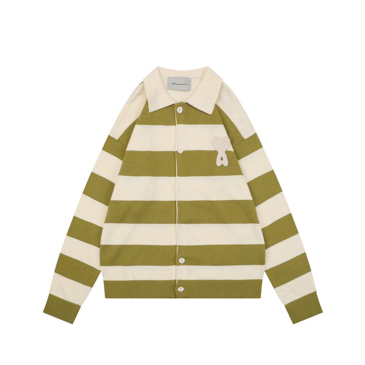 AMI green beige striped knit cardigan