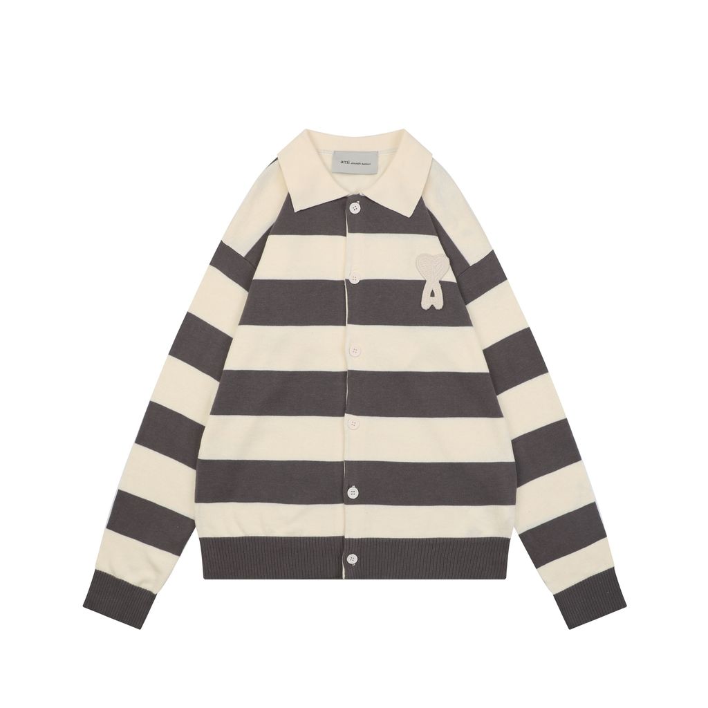 AMI grey beige striped knit cardigan