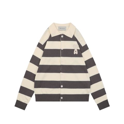 AMI grey beige striped knit cardigan