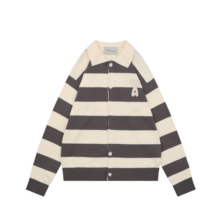 AMI grey beige striped knit cardigan