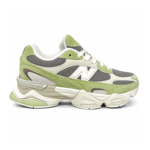 Side profile of the Women's New Balance 9060 sneaker featuring a breathable Dry Lime mesh upper, premium Thunder Brown suede overlays, a classic 'N' logo, and a dramatic, chunky wavy midsole with ABZORB cushioning.
