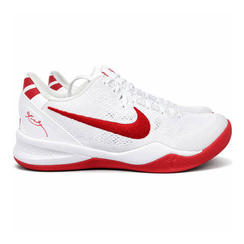 Side profile of the Nike Kobe 8 Protro TB Promo basketball shoe featuring a clean white Engineered Mesh upper, vibrant University Red accents on the embroidered Swoosh and laces, and a white rubber outsole with a carbon fiber shank plate.