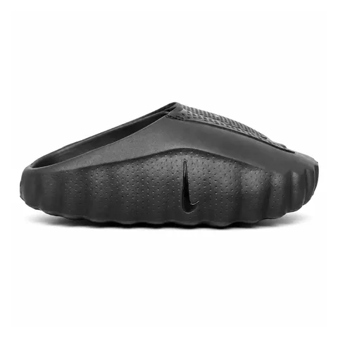 Side profile of the Nike Mind 001 Slide in a sleek Triple Black colorway, featuring a seamless, minimalist foam construction, a contoured footbed, and a durable traction outsole.