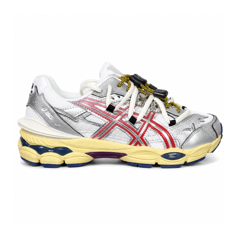 Side profile of the collaborative ASICS x TOGA Gel-Cumulus 16 sneaker in a White, Red, and Pure Silver colorway, featuring a breathable mesh upper, striking metallic silver overlays, bold red accents, and a sculpted GEL-cushioned midsole.