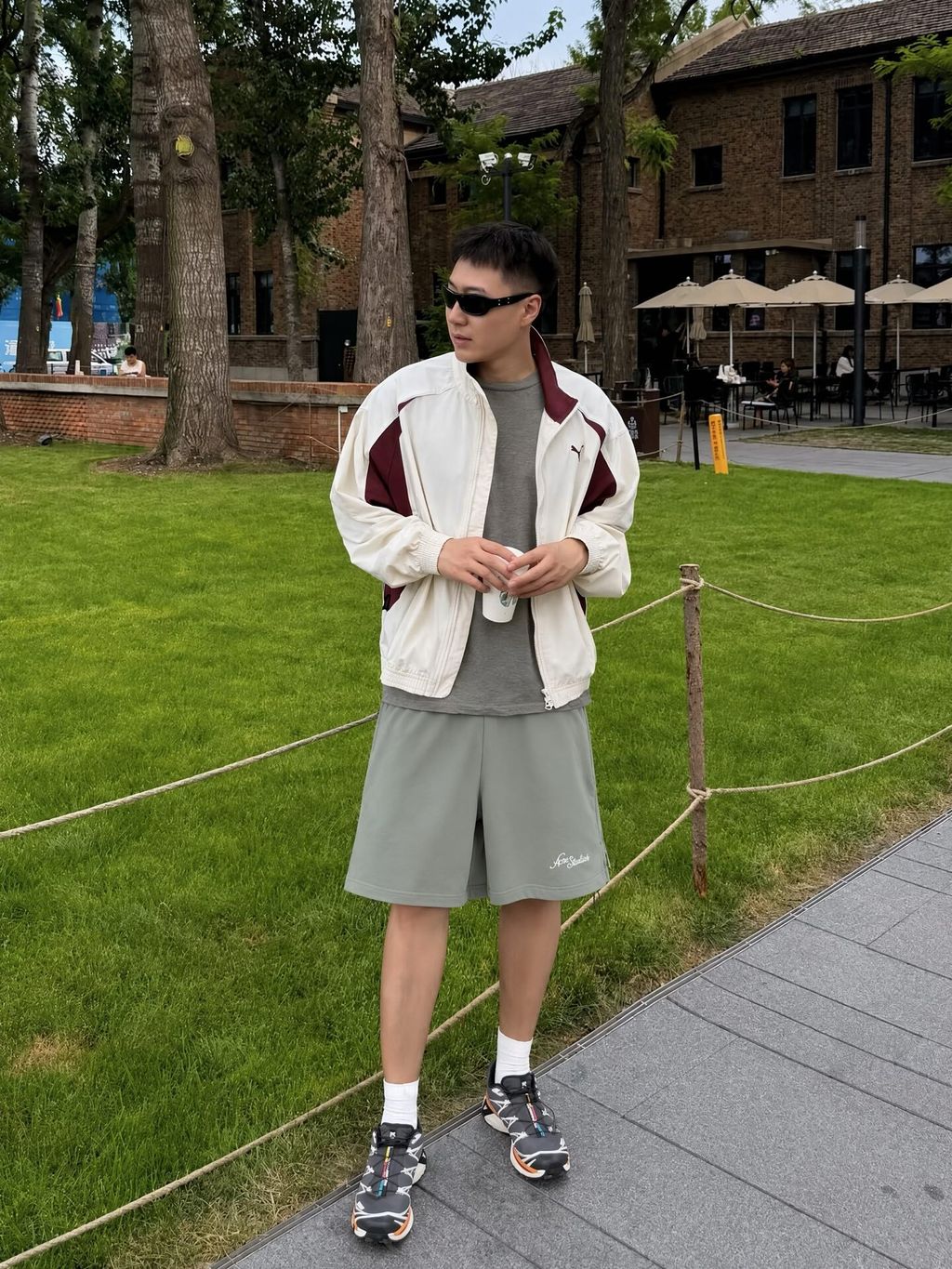 Unisex grey raised embroidery shorts