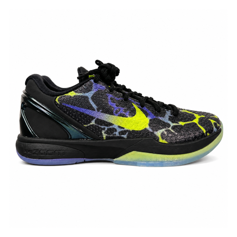 Side profile of the Nike Kobe 6 Protro "Coals" basketball shoe, featuring a stealthy black textured reptilian scale upper, vibrant Venom Green Swoosh and laces, contrasting Purple Venom accents, and a responsive Zoom Air midsole.