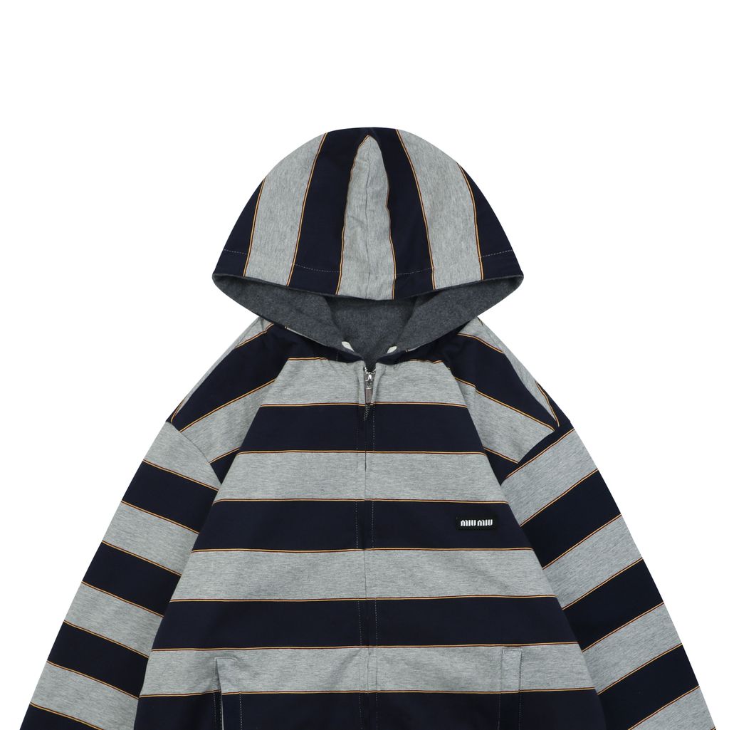 Unisex navy grey striped hooded coat
