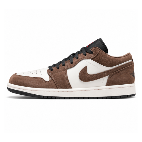Side profile of the Air Jordan 1 Low sneaker featuring a crisp white leather base, rich earthy brown Palomino overlays, a striking Wild Berry purple Swoosh, and a classic white midsole.