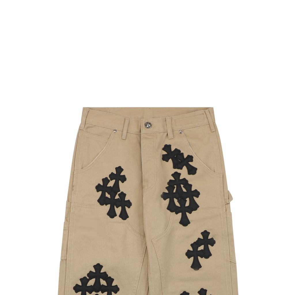 Distressed denim leather cross carpenter pants