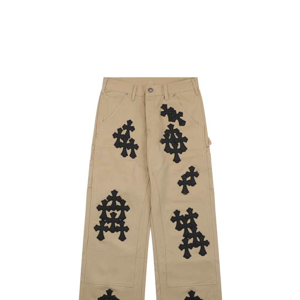 Distressed denim leather cross carpenter pants