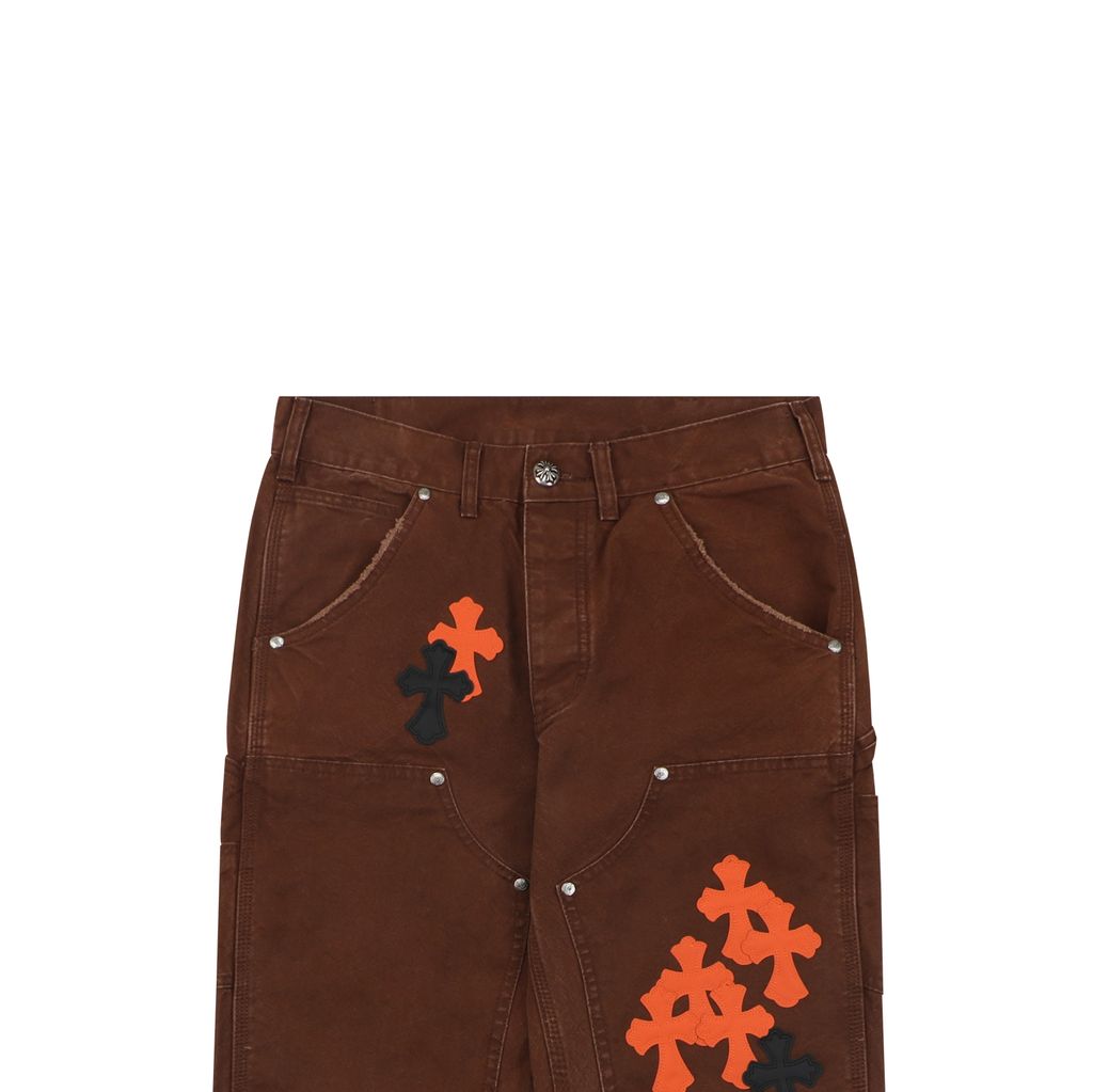Distressed denim leather cross carpenter pants