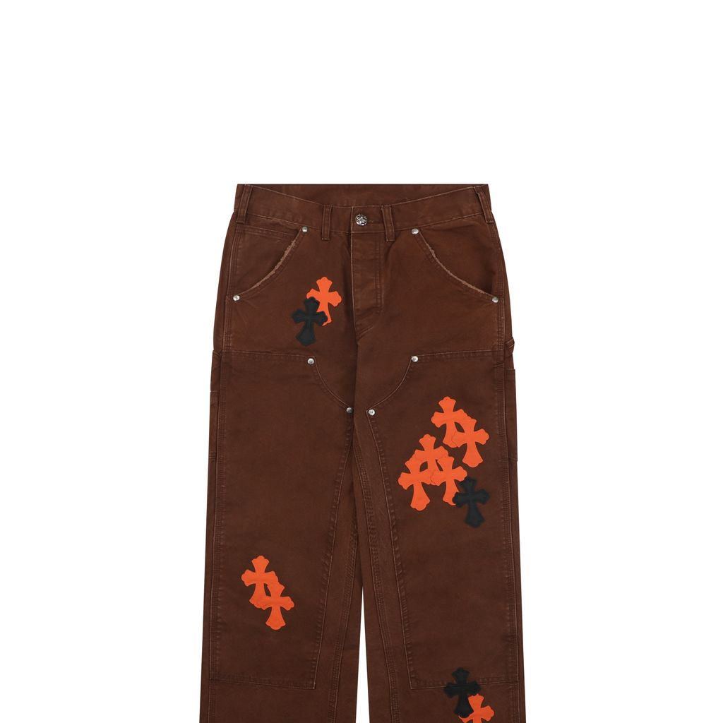 Distressed denim leather cross carpenter pants