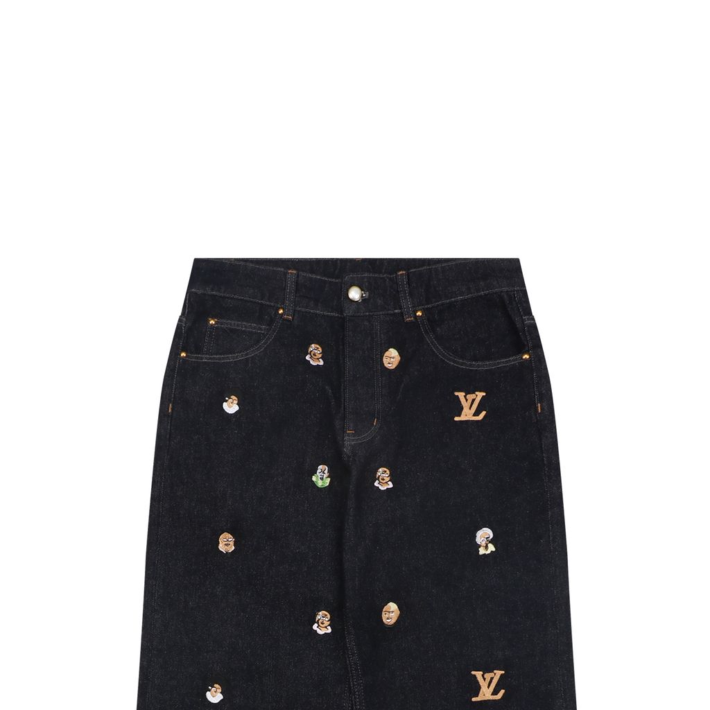 Indigo Monogram embroidery cotton pants