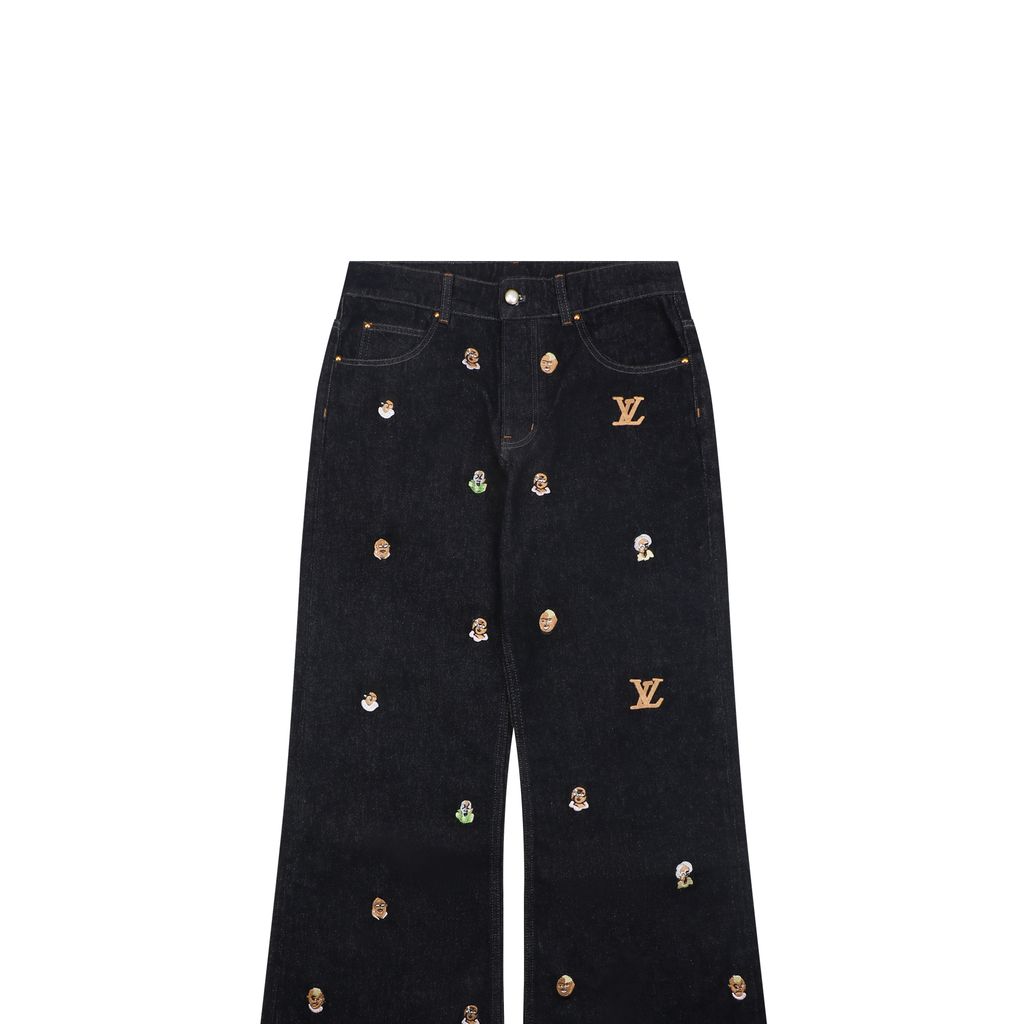 Indigo Monogram embroidery cotton pants