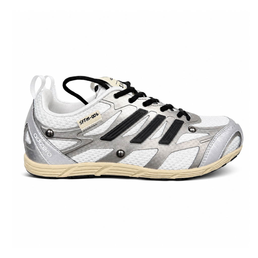 Side profile of the adidas Adizero PR x Song for the Mute collaborative sneaker featuring a crisp white breathable mesh base, gleaming silver metallic synthetic overlays, signature raw-edge and frayed textile accents, and a lightweight cushioned midsole.