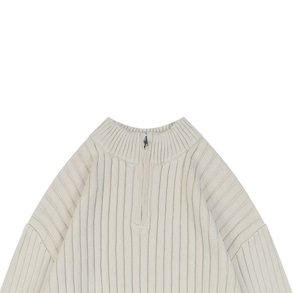 Dropped shoulder rib knit half zip sweater