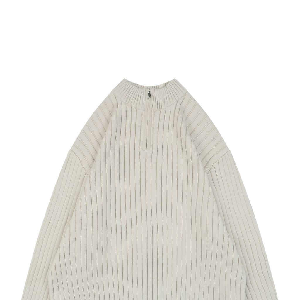 Dropped shoulder rib knit half zip sweater