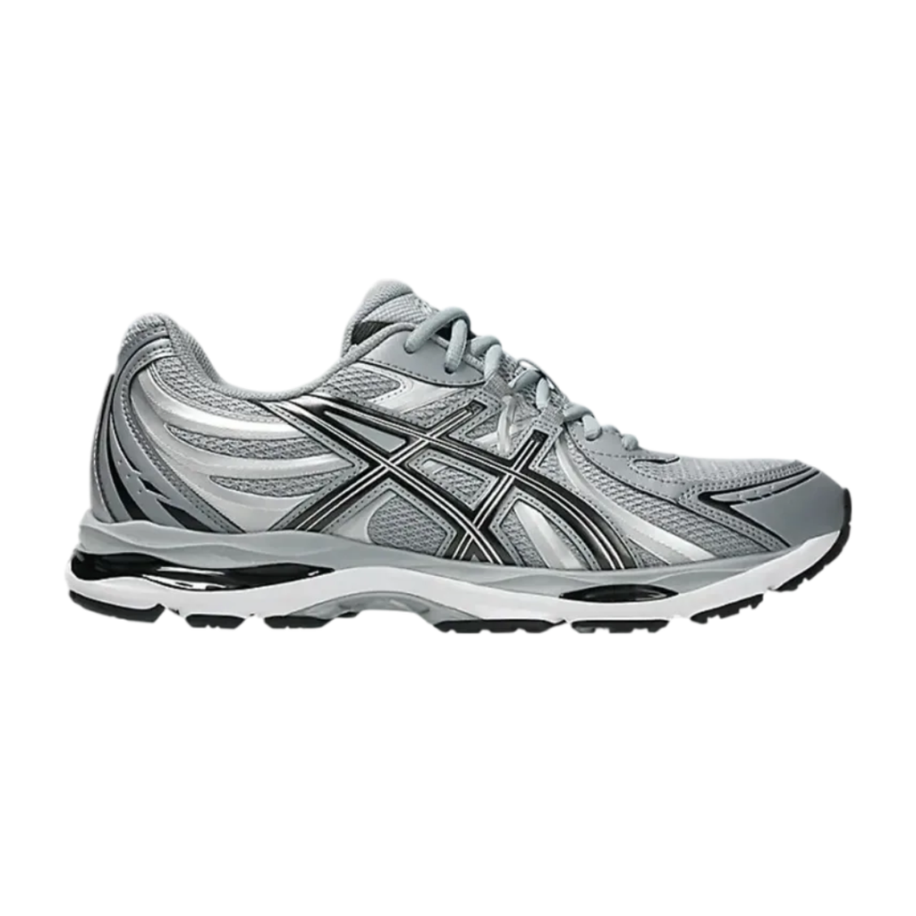 Side profile of the ASICS Gel-Sekiran sneaker featuring a breathable gravel grey mesh upper, dynamic metallic pure silver synthetic overlays, and a sculpted midsole equipped with visible GEL technology cushioning.