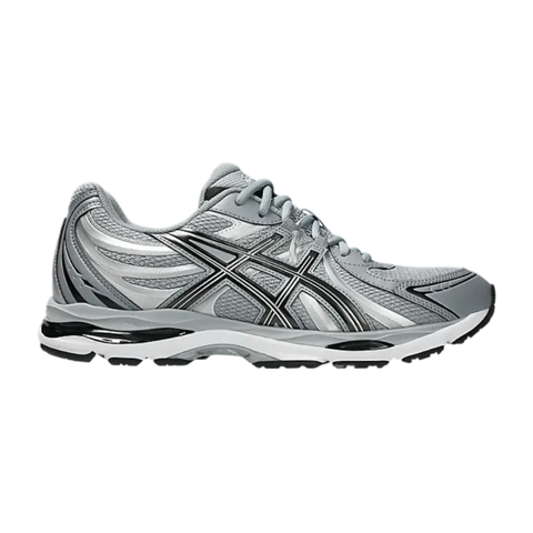 Side profile of the ASICS Gel-Sekiran sneaker featuring a breathable gravel grey mesh upper, dynamic metallic pure silver synthetic overlays, and a sculpted midsole equipped with visible GEL technology cushioning.
