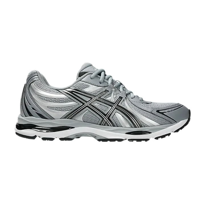 Side profile of the ASICS Gel-Sekiran sneaker featuring a breathable gravel grey mesh upper, dynamic metallic pure silver synthetic overlays, and a sculpted midsole equipped with visible GEL technology cushioning.