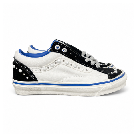 Side profile of Vans OTW Old Skool Reissue 36 Pearlized Marshmallow VN000S52FS8 with cream canvas, black suede panels, pearl and crystal studs and a blue foxing stripe.