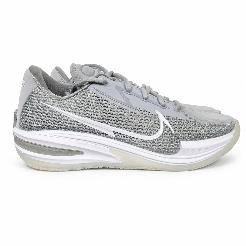 Side profile of Nike Air Zoom G.T. Cut 1 TB Wolf Grey DM5039-003 performance basketball shoe with grey mesh and black Swoosh branding.