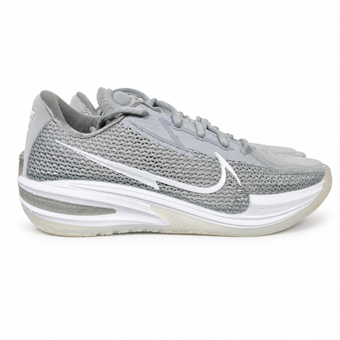 Side profile of Nike Air Zoom G.T. Cut 1 TB Wolf Grey DM5039-003 performance basketball shoe with grey mesh and black Swoosh branding.