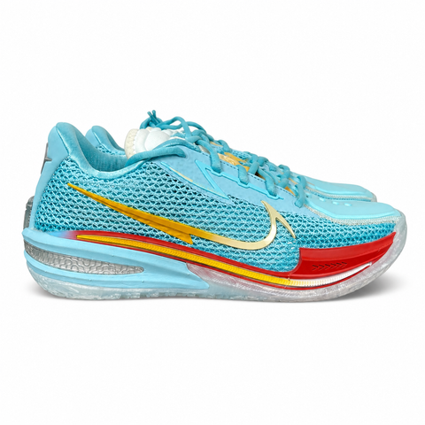 Side profile of Dylan Harper x TITAN x Nike Air Zoom GT Cut Bleached Aqua IU0779-400 with sunrise-gradient Swoosh.