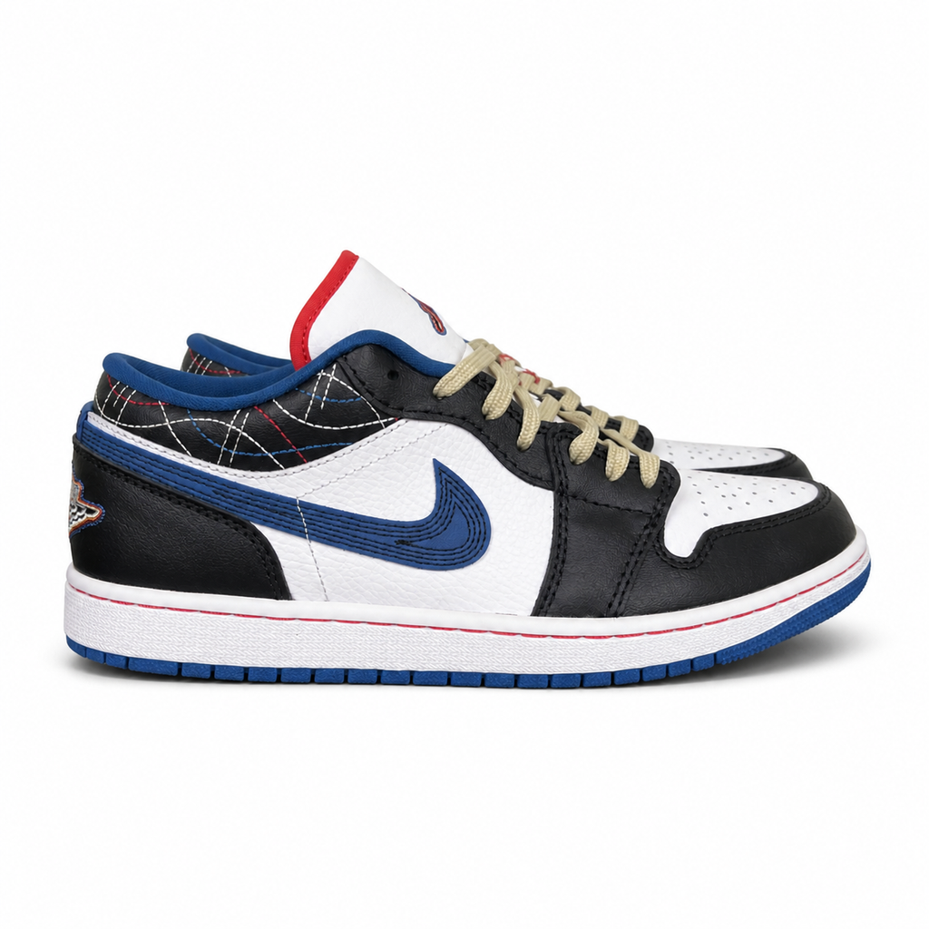 Side profile of Air Jordan 1 Low SE Industrial Blue Sashiko FV3622-141 with white leather, blue details and decorative stitching.  Image