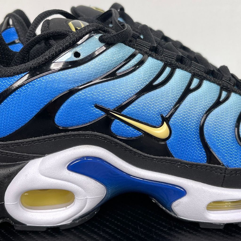 Nike Air Max Plus OG Hyper Blue DX0755-001 sneaker with a blue gradient mesh upper, black TPU cage and visible Tuned Air cushioning, side view.