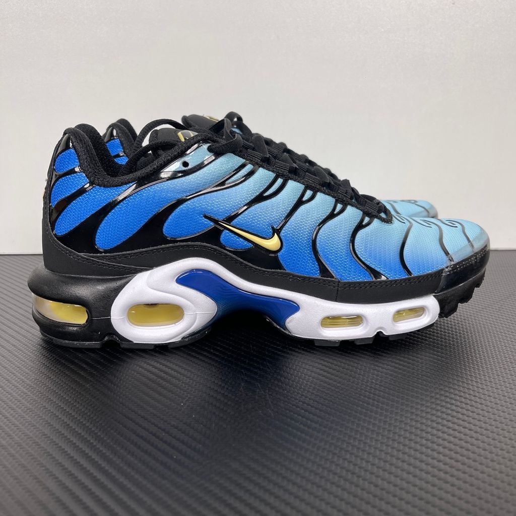 Nike Air Max Plus OG Hyper Blue DX0755-001 sneaker with a blue gradient mesh upper, black TPU cage and visible Tuned Air cushioning, side view.