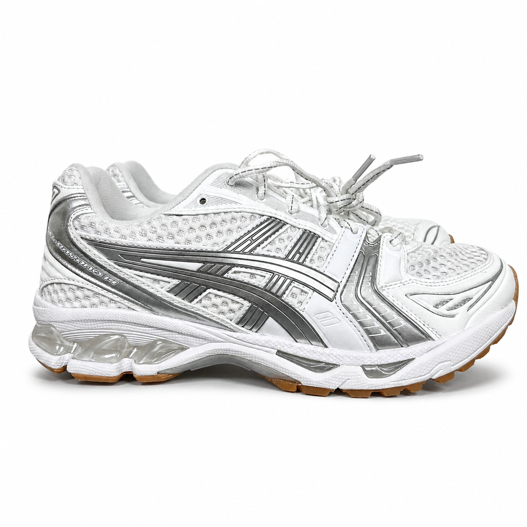 ASICS Gel-Kayano 14 A.P.C. White Pure Silver 1203A727-100 unisex sneaker with white mesh, metallic silver overlays and GEL cushioning, side view.