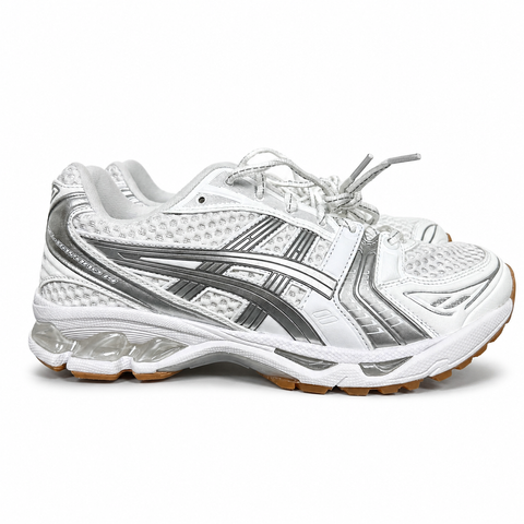 ASICS Gel-Kayano 14 A.P.C. White Pure Silver 1203A727-100 unisex sneaker with white mesh, metallic silver overlays and GEL cushioning, side view.