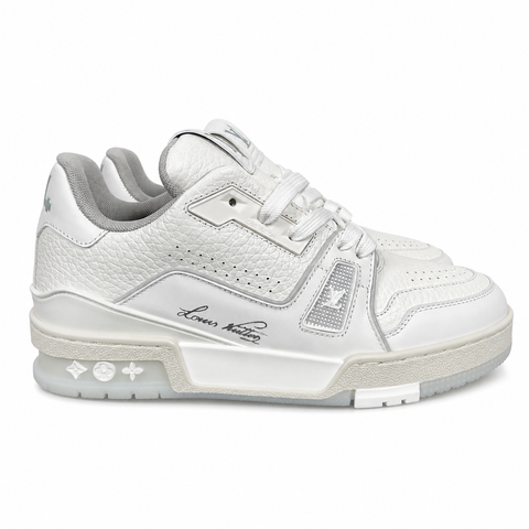 Louis Vuitton LV Trainer White Grey 1A8WAV men’s sneaker with smooth and grained white calf leather, LV branding and Monogram Flower rubber outsole, side view.