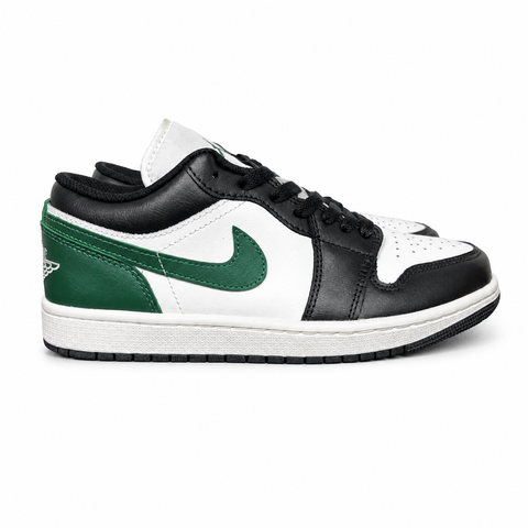 Air Jordan 1 Low Black Gorge Green 553558-047 men’s sneaker with a black leather upper, green accents, Summit White midsole and rubber outsole, side view.