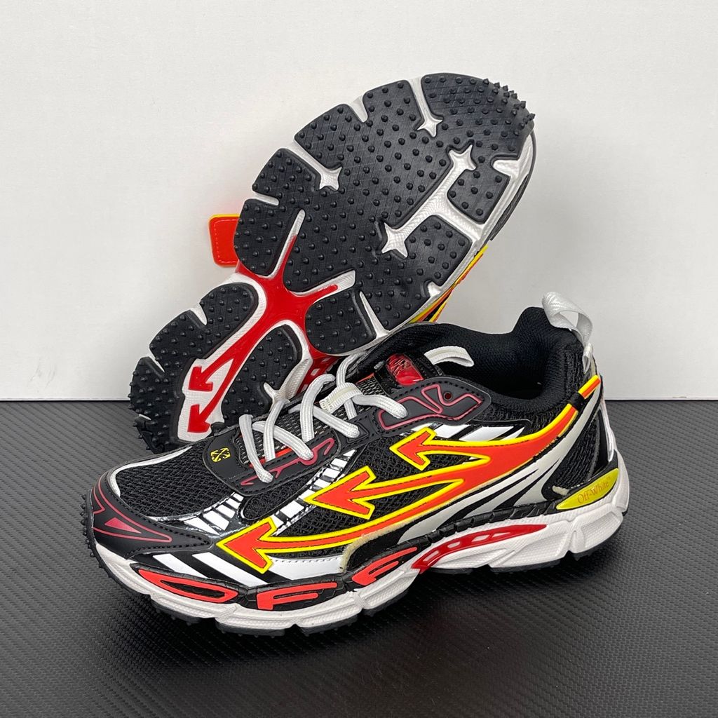 Off-White Be Right Back Black Coral Red OMIA295S26FAB0051026 men’s sneaker with black mesh, coral red and yellow Arrow overlays, silver panels and orange zip tie, side view.