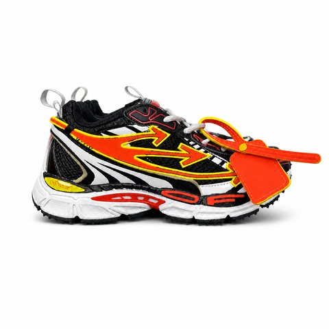 Off-White Be Right Back Black Coral Red OMIA295S26FAB0051026 men’s sneaker with black mesh, coral red and yellow Arrow overlays, silver panels and orange zip tie, side view.