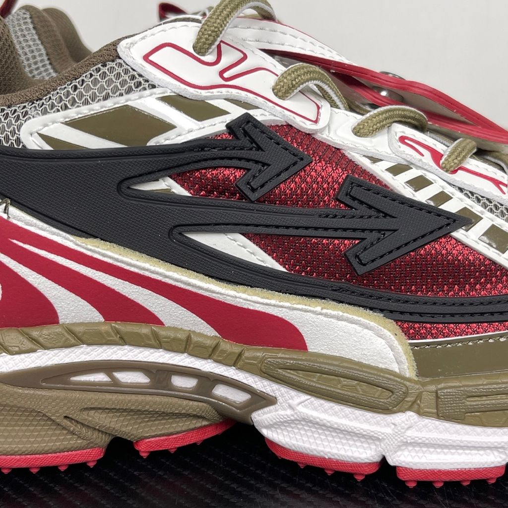 Off-White Be Right Back Khaki Red OMIA295S26FAB0022710 men’s sneaker with grey mesh, red and khaki overlays, black Arrow motifs and red zip tie, side view.