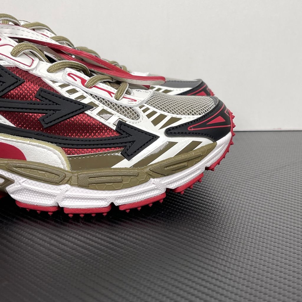 Off-White Be Right Back Khaki Red OMIA295S26FAB0022710 men’s sneaker with grey mesh, red and khaki overlays, black Arrow motifs and red zip tie, side view.