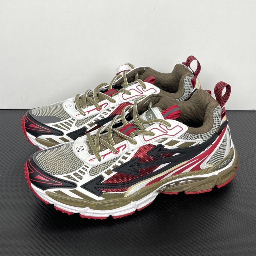 Off-White Be Right Back Khaki Red OMIA295S26FAB0022710 men’s sneaker with grey mesh, red and khaki overlays, black Arrow motifs and red zip tie, side view.
