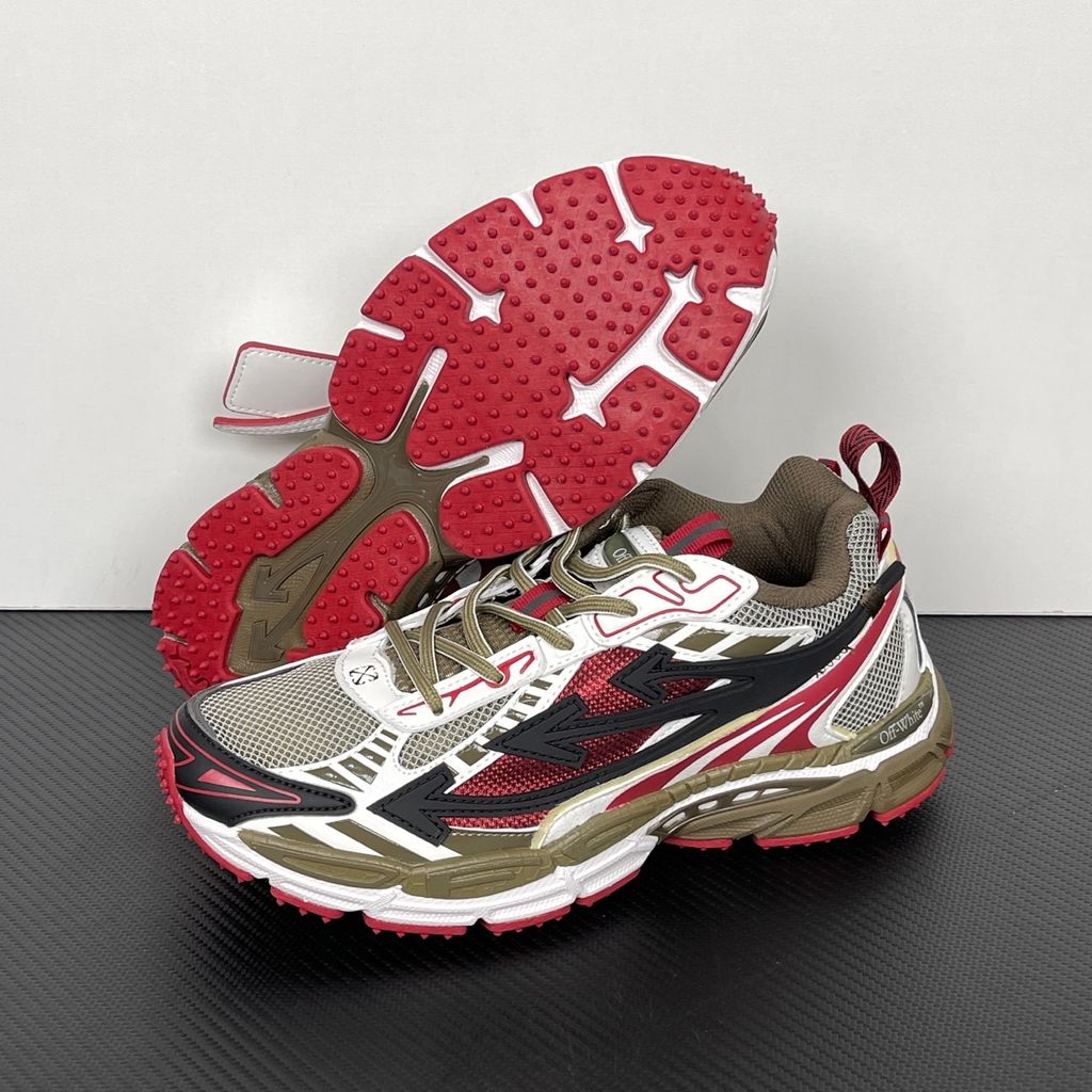 Off-White Be Right Back Khaki Red OMIA295S26FAB0022710 men’s sneaker with grey mesh, red and khaki overlays, black Arrow motifs and red zip tie, side view.