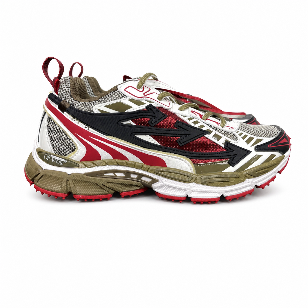 Off-White Be Right Back Khaki Red OMIA295S26FAB0022710 men’s sneaker with grey mesh, red and khaki overlays, black Arrow motifs and red zip tie, side view.