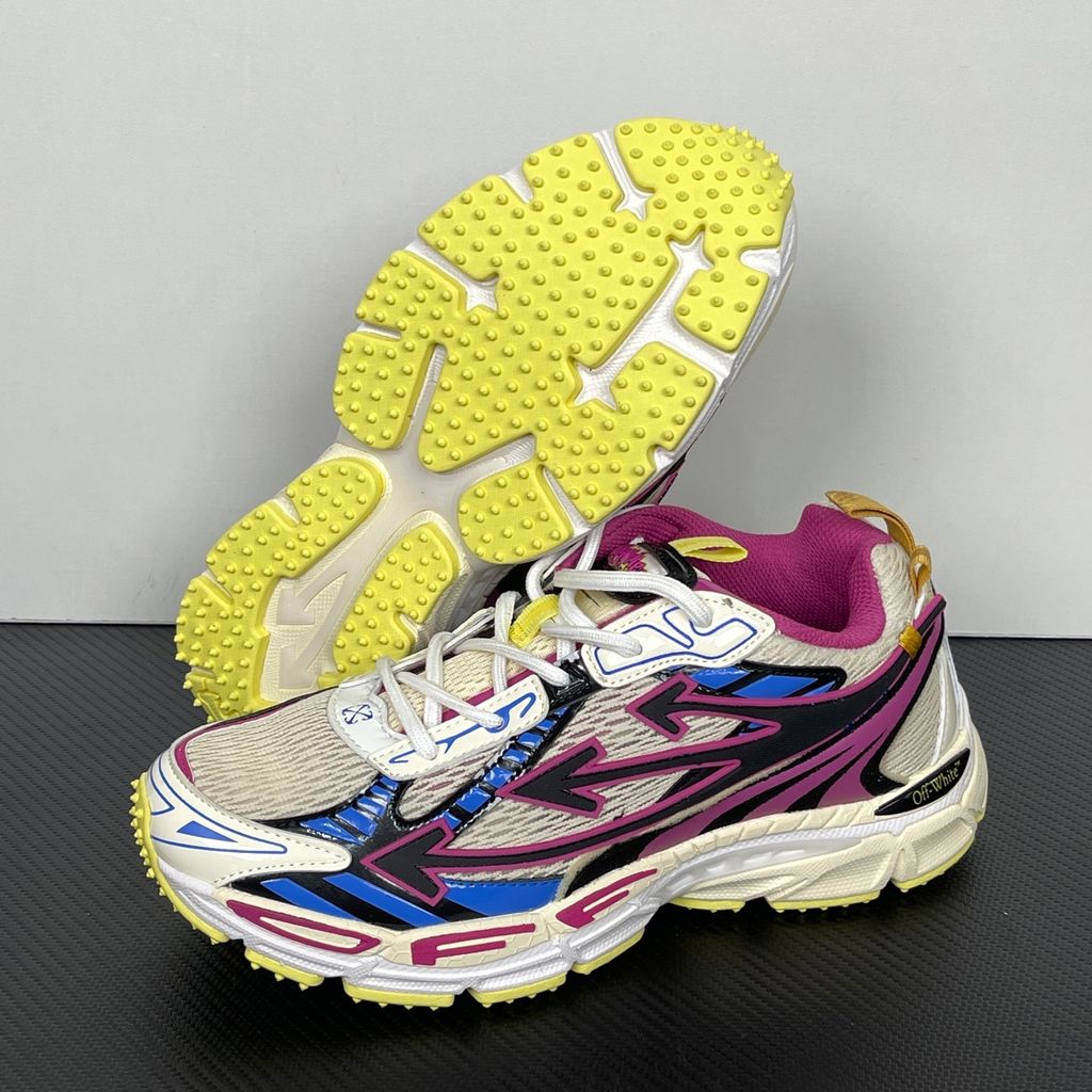 Off-White Be Right Back Magenta Royal Blue OWIA289S26FAB006-3969 women’s sneaker with ivory textile panels, black Arrow motifs and yellow rubber outsole, side view.