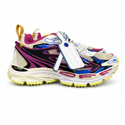 Off-White Be Right Back Magenta Royal Blue OWIA289S26FAB006-3969 women’s sneaker with ivory textile panels, black Arrow motifs and yellow rubber outsole, side view.
