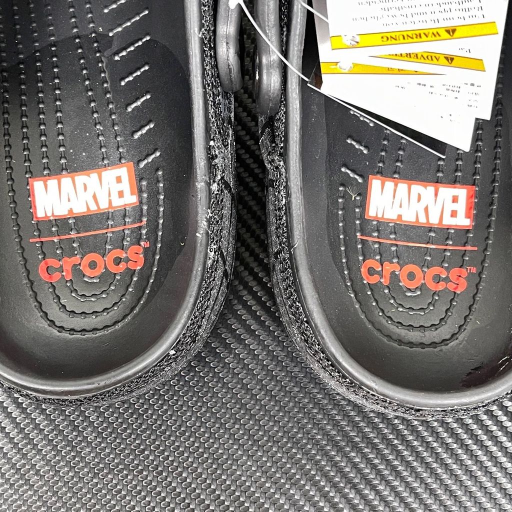 Crocs x Marvel Spider-Man Neo Classic Clog Multi 211489-90H with red web-inspired neoprene cover, Spider-Man graphics and pivoting heel strap.