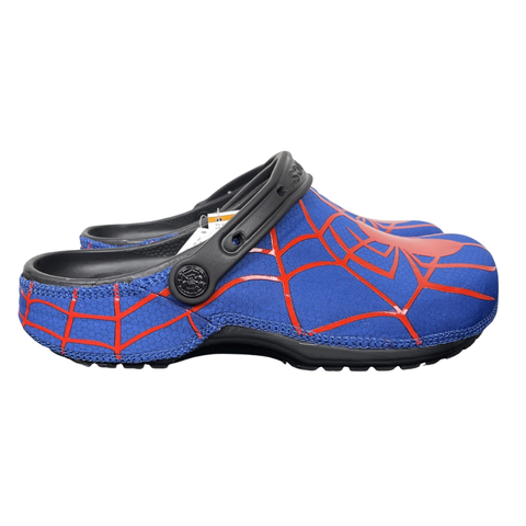 Crocs x Marvel Spider-Man Neo Classic Clog Multi 211489-90H with blue upper, red spider-web graphics, black pivoting heel strap and Spider-Man emblem.